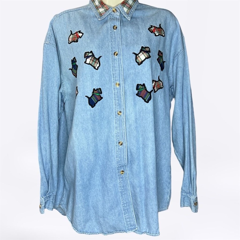 Solutions Original Vintage Scottie Dog Plaid Denim Button Down Shirt Womens‎ M